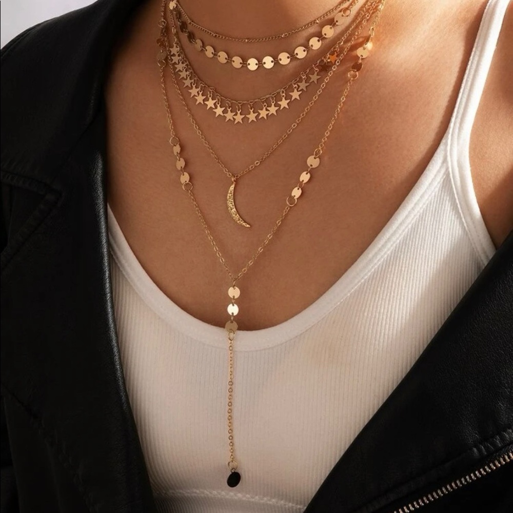Celestial Layered Necklace Moon & Stars Random Discs Layered Necklace
